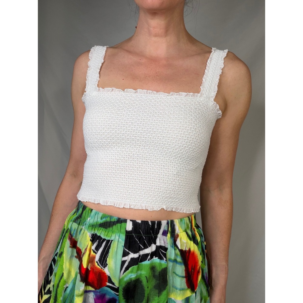 Alice + Olivia White Smocked Cotton Silk Ruffle Crop Top Sleeveless Tank Cami M - Picture 14 of 14